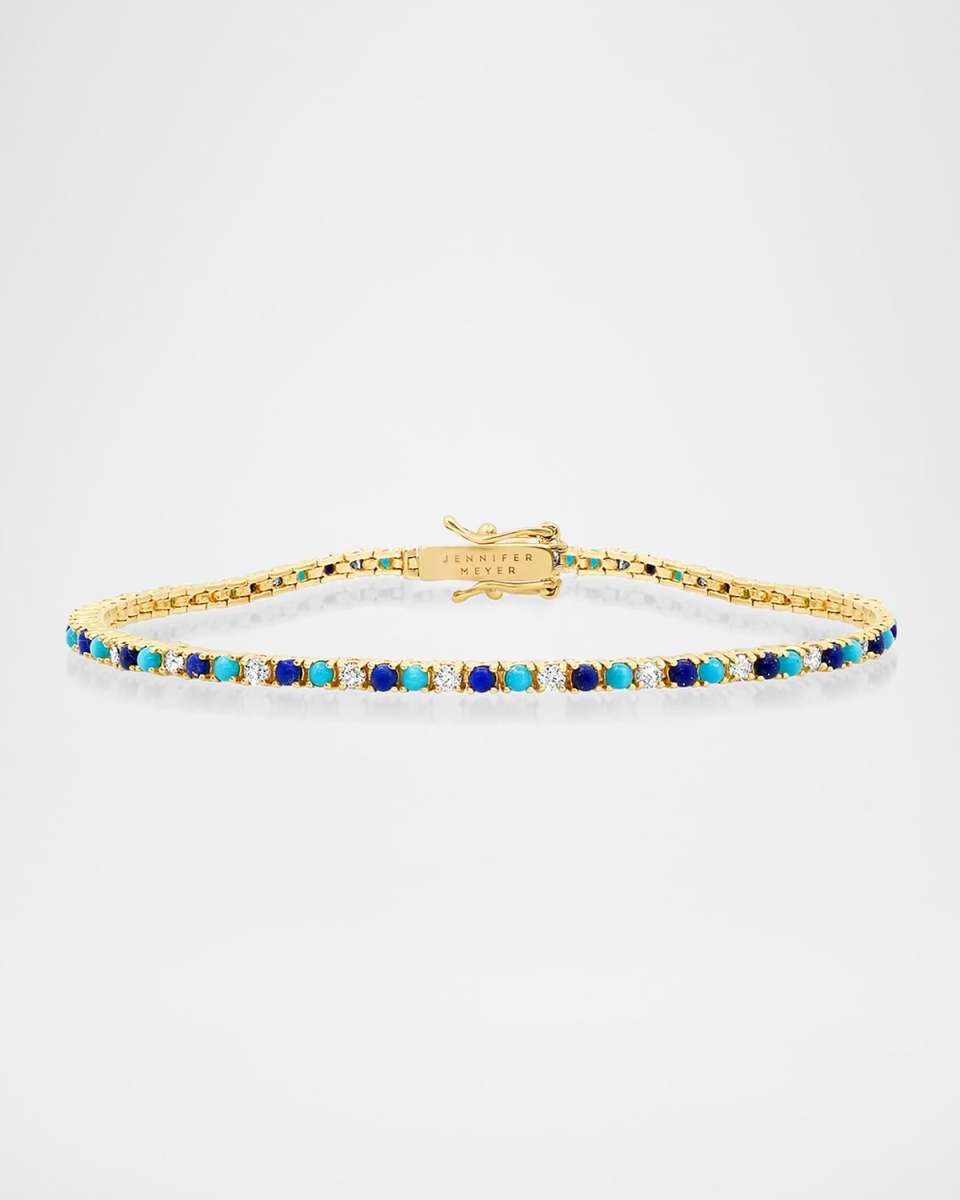18K Yellow Gold Small 4 Prong Tennis Bracelet with Diamonds, Lapis and Turquoise